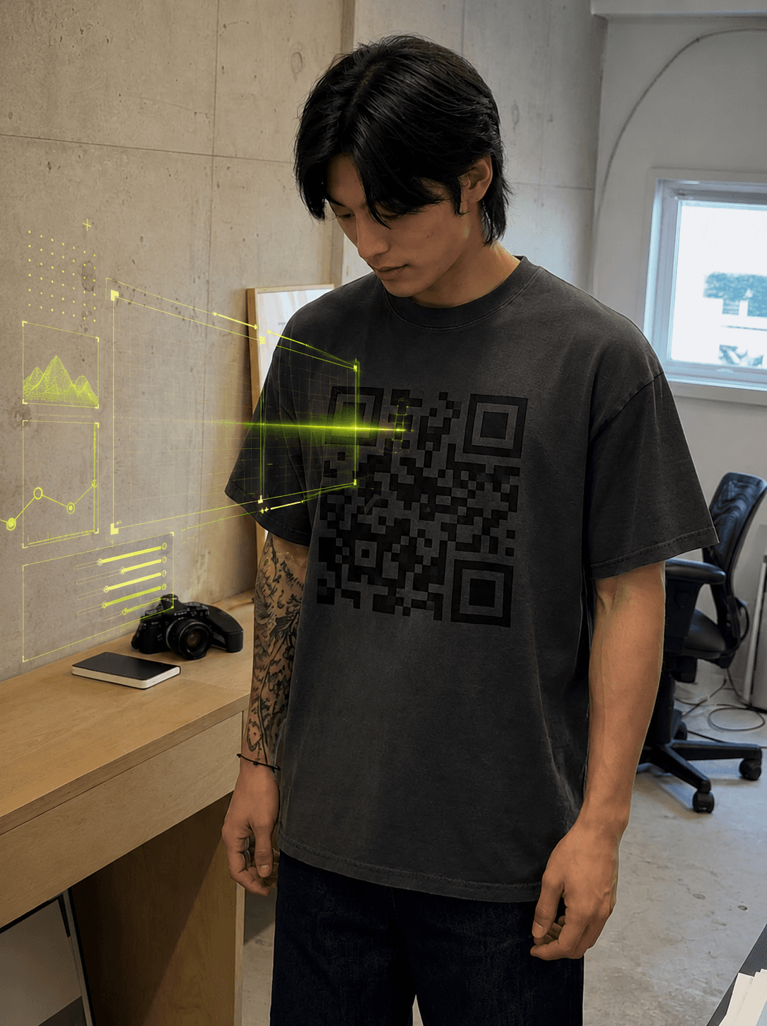 Person wearing a QR Shirt, its printed QR projecting a holographic page toward a phone